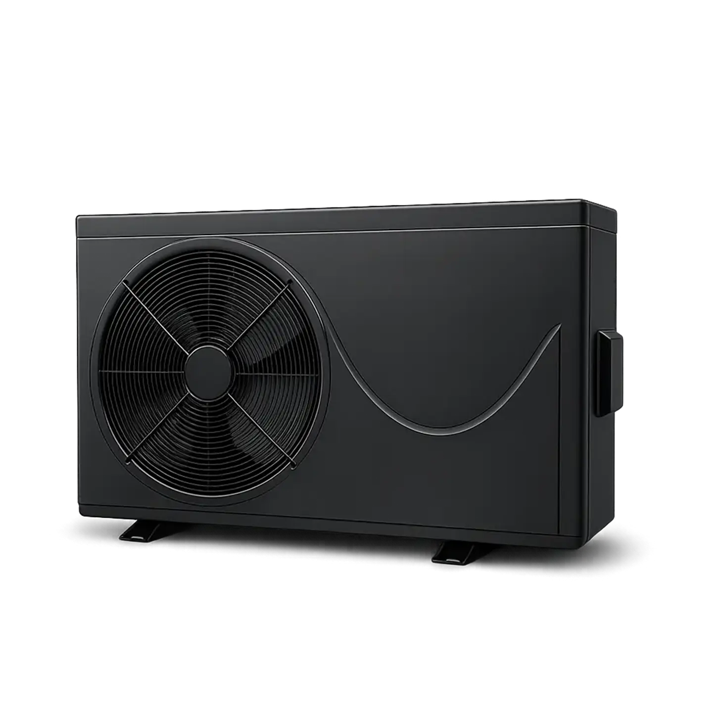 En svart poolvärmepump från PoolKungen som är frilagd