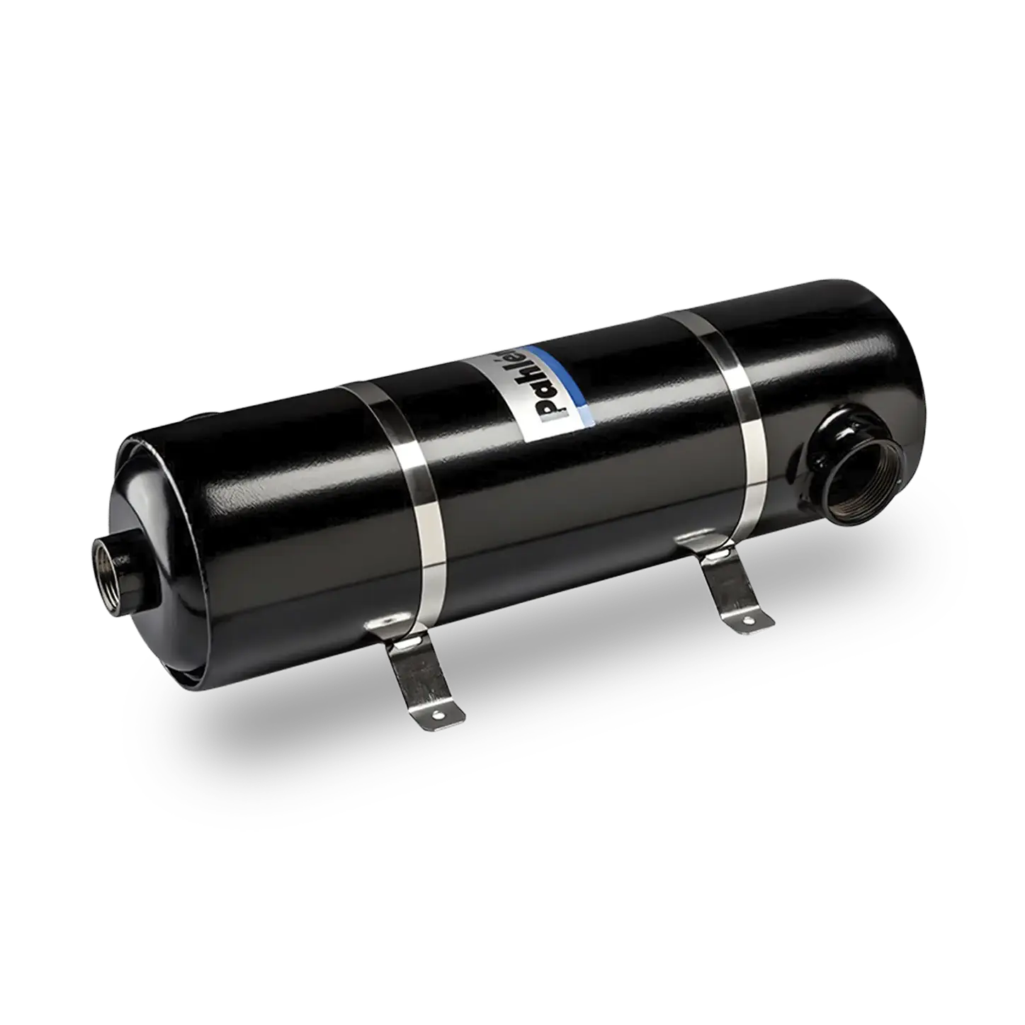 En svart, frilagd bild på en driftsäker poolvärmeväxlare