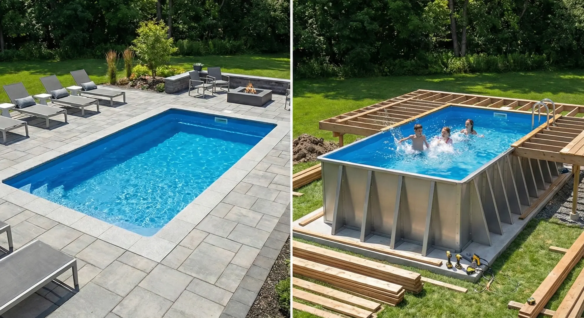 Bild på två typer av pooler, den ena är en nedgrävd pool, den andra poolen är placerad ovan mark, vilket gillar du bäst?