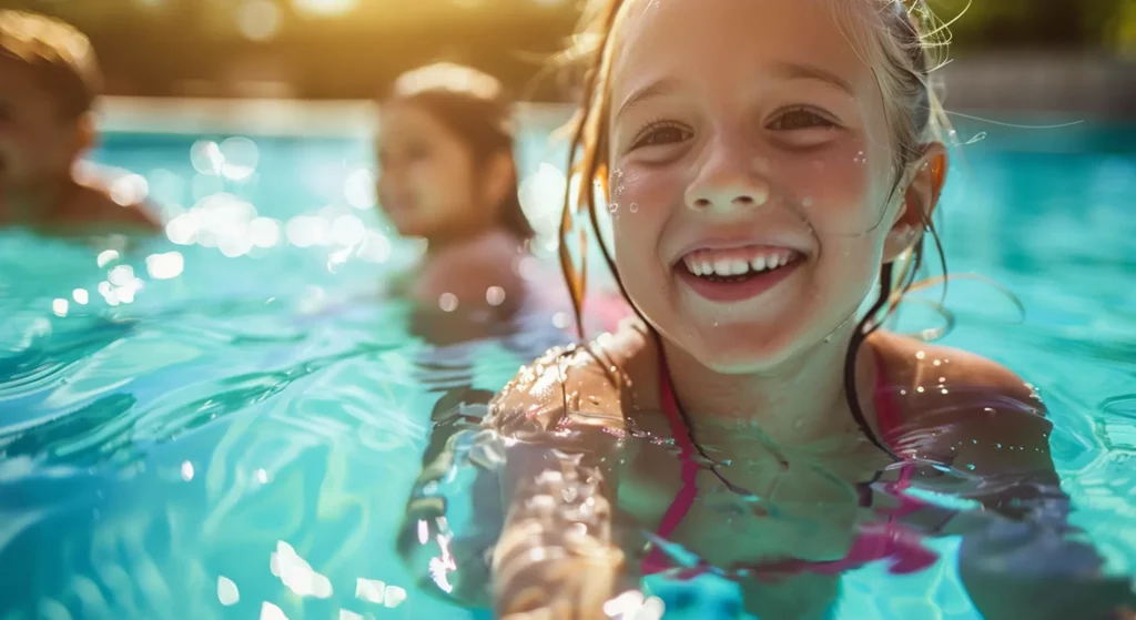 Barn som leker i poolvattnet, omedvetna om att pollen ökat värdet på huset