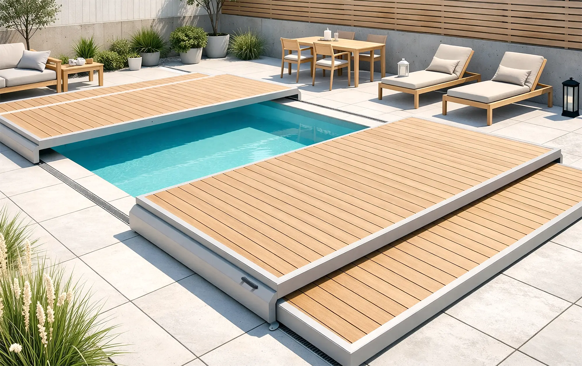 Ett halvt öppet pooldäck där man samlat familjen på middag på soldäcket för att sedan öppna upp det och bada