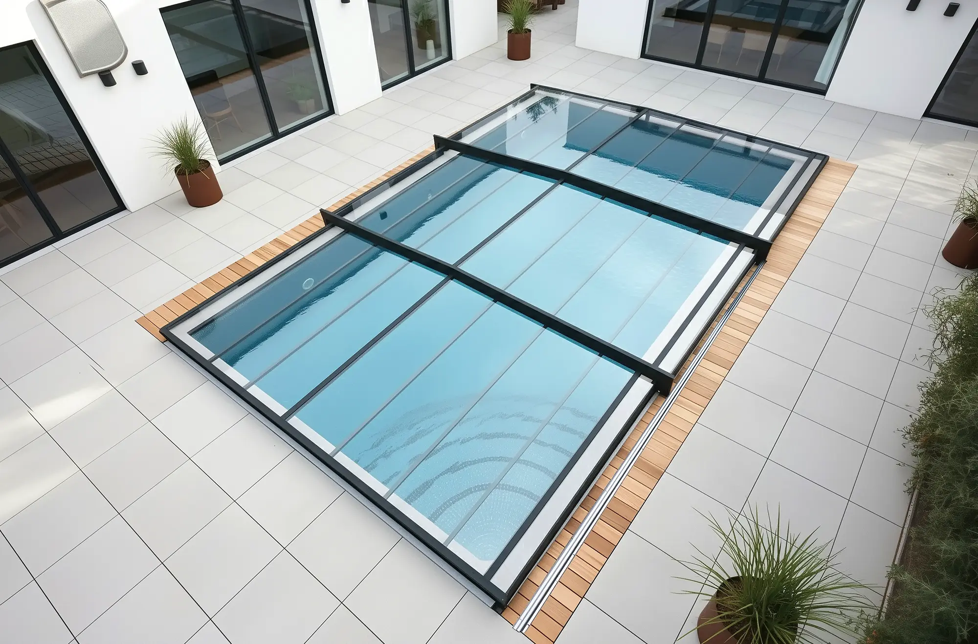 Ett stängt, lågt pooltal över en pool som är vackert nedsänkt i den vackra altanen