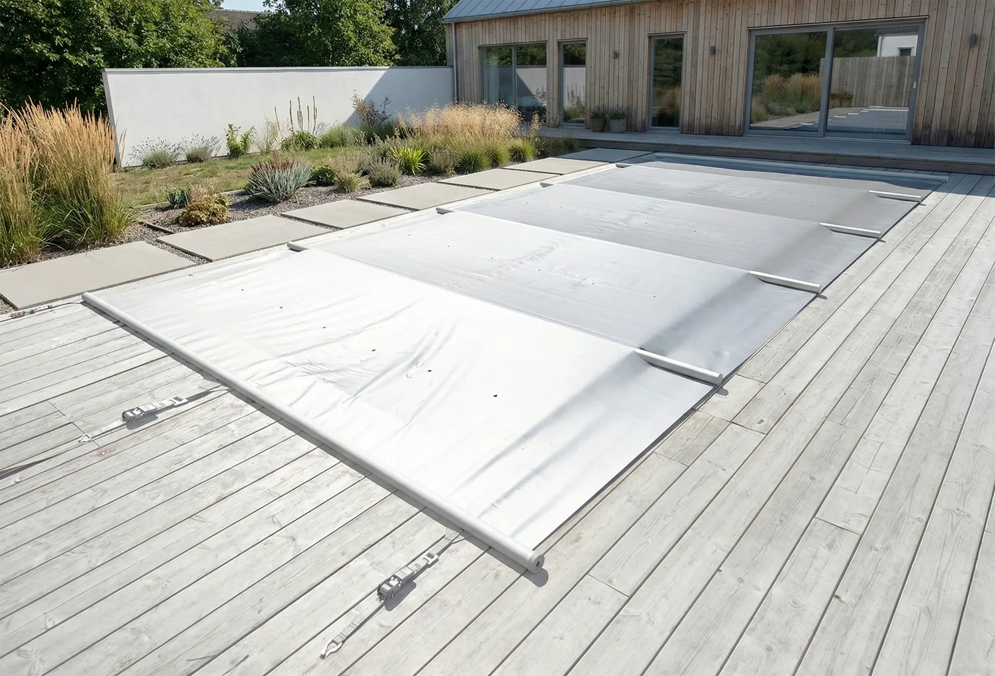 En grå och diskret pooltäckning då säkerheten är ett måste för familjens säkerhet