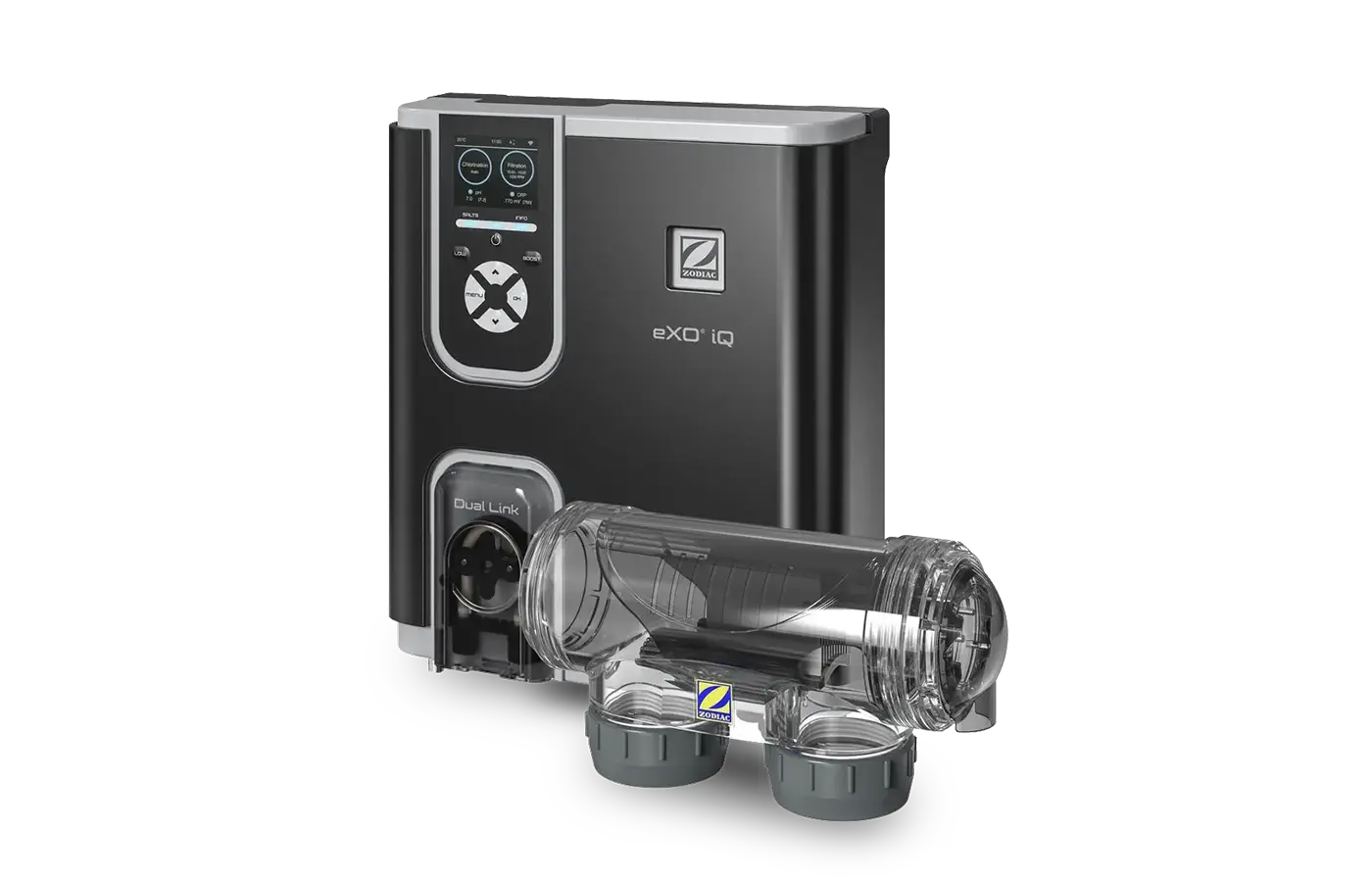 En frilagd bild på saltklorinatorn eXO iQ vilket erbjuder en smart pH- och klorreglering för en ren och balanserad pool