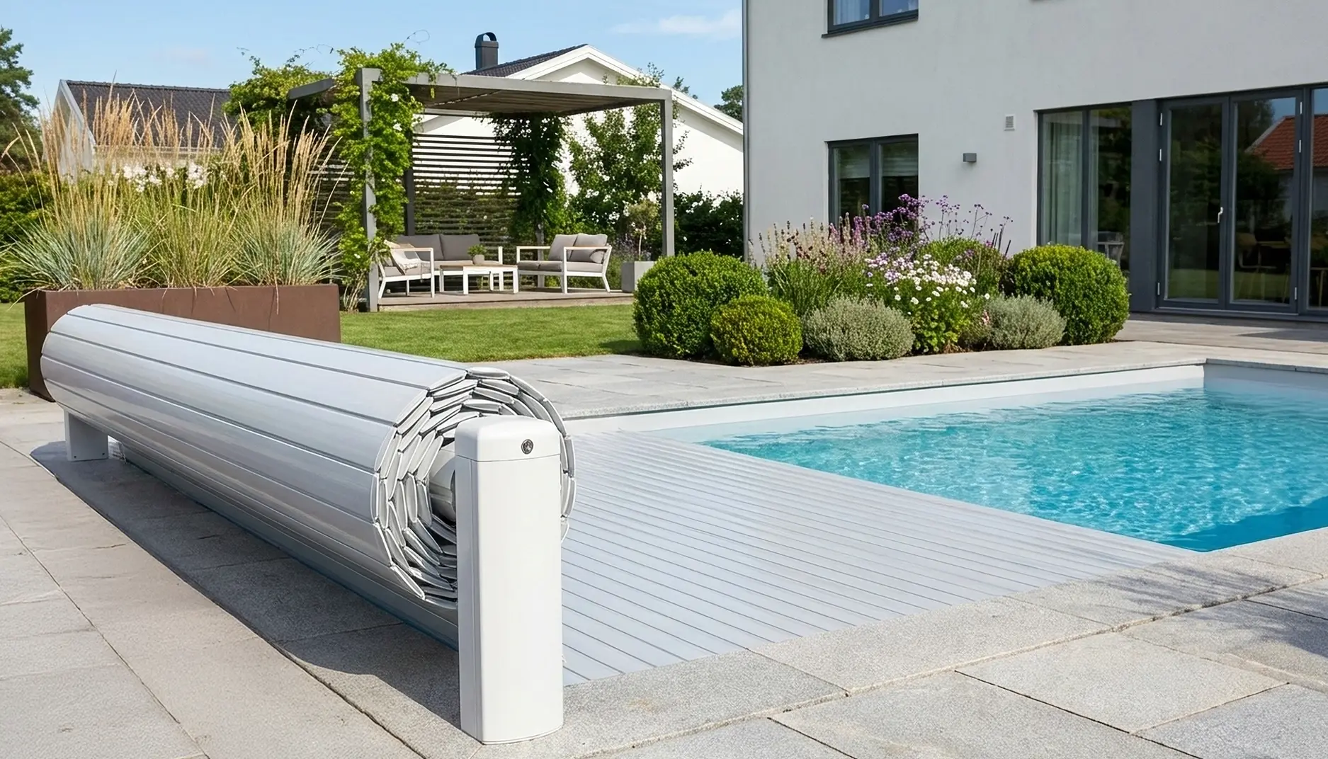 En bild på SOLO poolskydd som underlättar den svagaste länken - att skydda poolen efter bad.