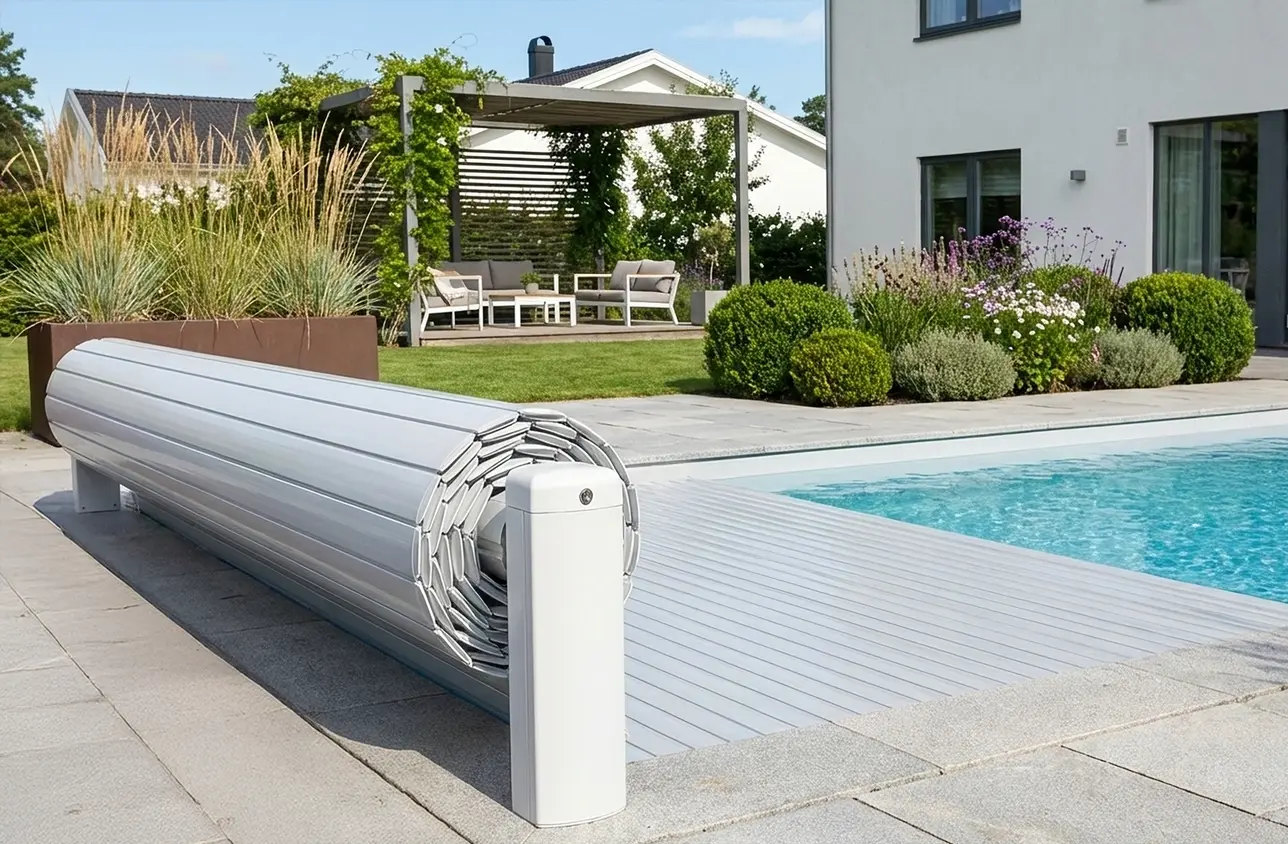 Bild på ett automatiskt poolskydd upprullat vid en badklar pool med klart vatten